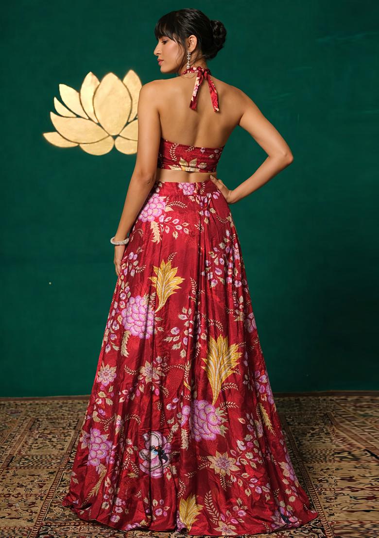 Red Floral Print Chinon Lehenga Set - Indya