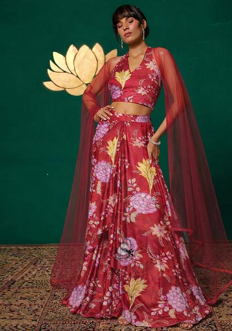 Red Floral Print Chinon Lehenga Set