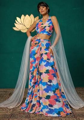 Multicolor Abstract Print Chinon Lehenga Set