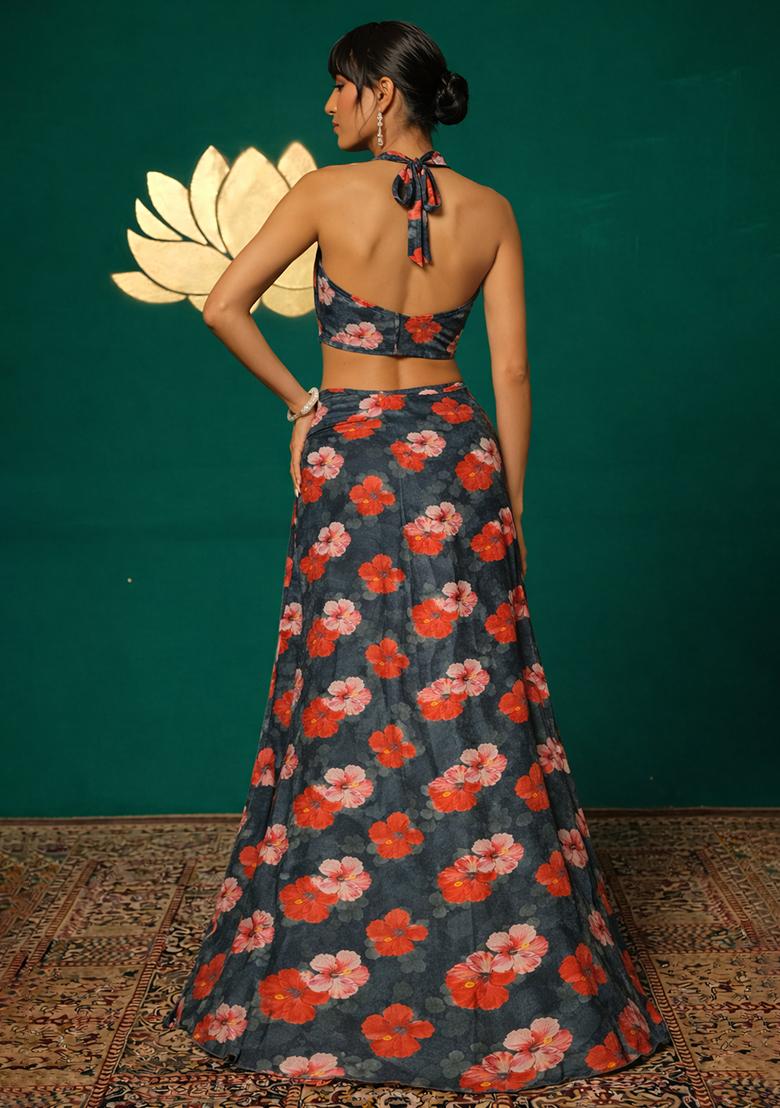 Grey Floral Print Chinon Lehenga Set - Indya