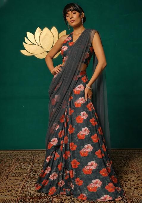 Grey Floral Print Chinon Lehenga Set