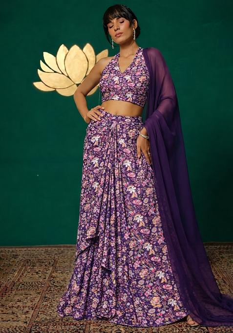 Purple Floral Print Chinon Lehenga Set