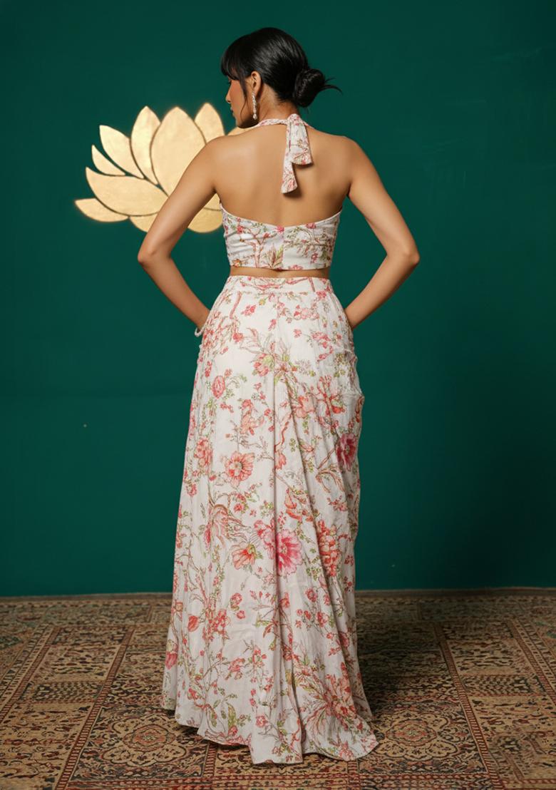 White Floral Print Chinon Lehenga Set - Indya