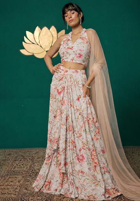 White Floral Print Chinon Lehenga Set