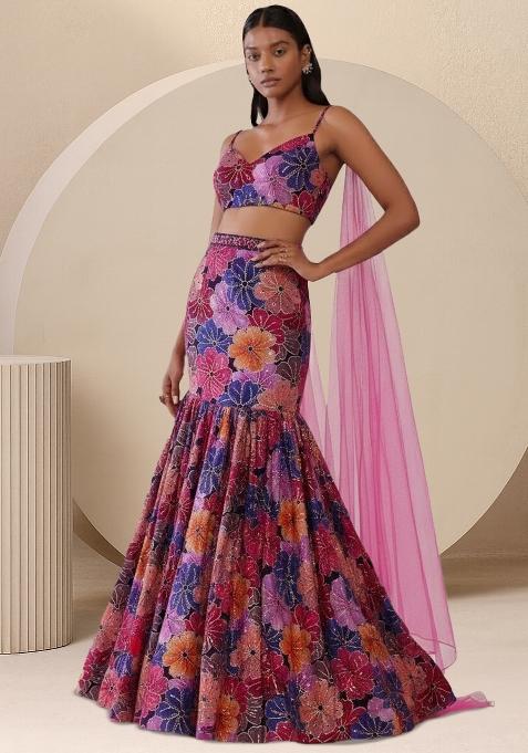 Pink Floral Print Crepe Lehenga Set