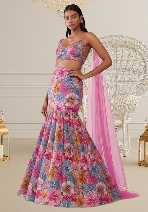 Pink Floral Print Crepe Lehenga Set