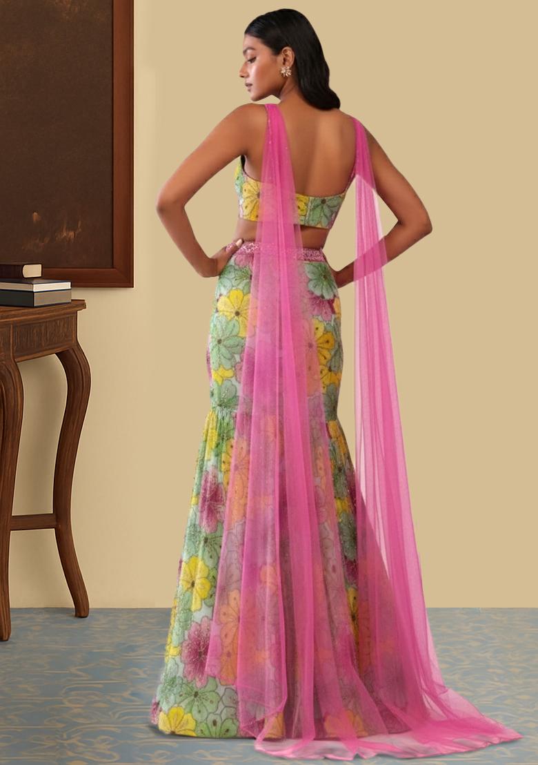 Mint Green Floral Print Crepe Lehenga Set - Indya