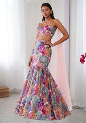 Ice Blue Floral Print Crepe Lehenga Set