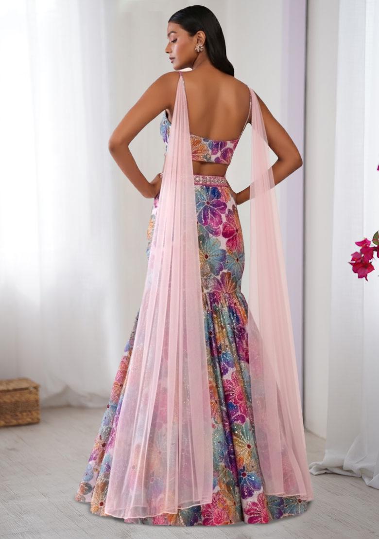 Ice Blue Floral Print Crepe Lehenga Set - Indya