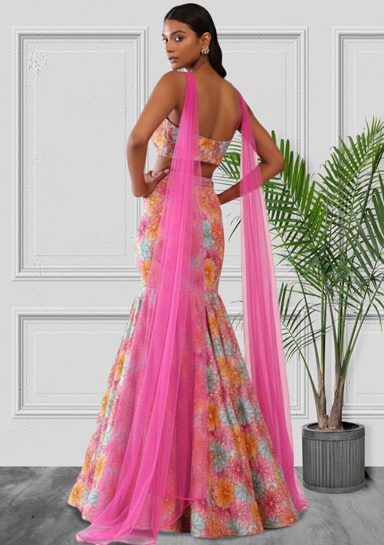 Multicolor Floral Print Crepe Lehenga Set - Indya