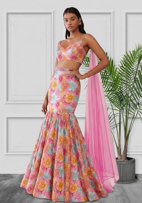 Multicolor Floral Print Crepe Lehenga Set