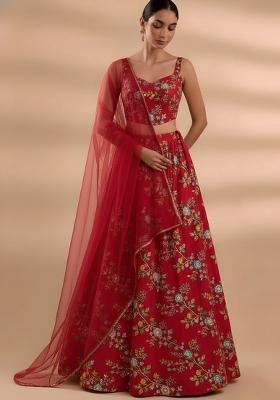 Red Embroidered Crepe Lehenga Set