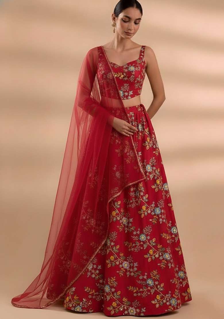 Red Embroidered Crepe Lehenga Set - Indya