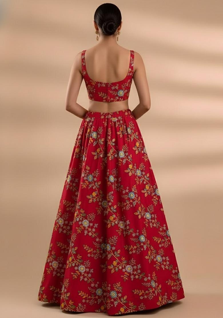 Red Embroidered Crepe Lehenga Set - Indya