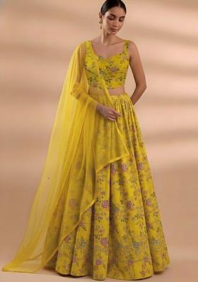 Yellow Embroidered Crepe Lehenga Set