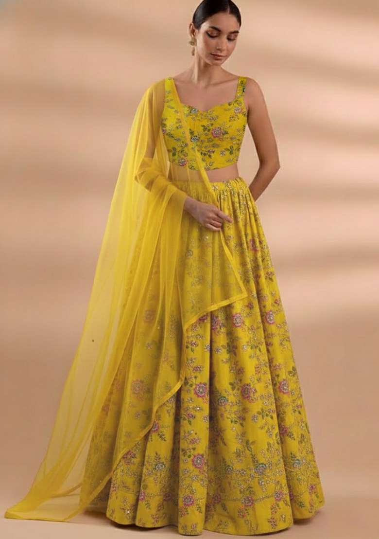 Yellow Embroidered Crepe Lehenga Set - Indya