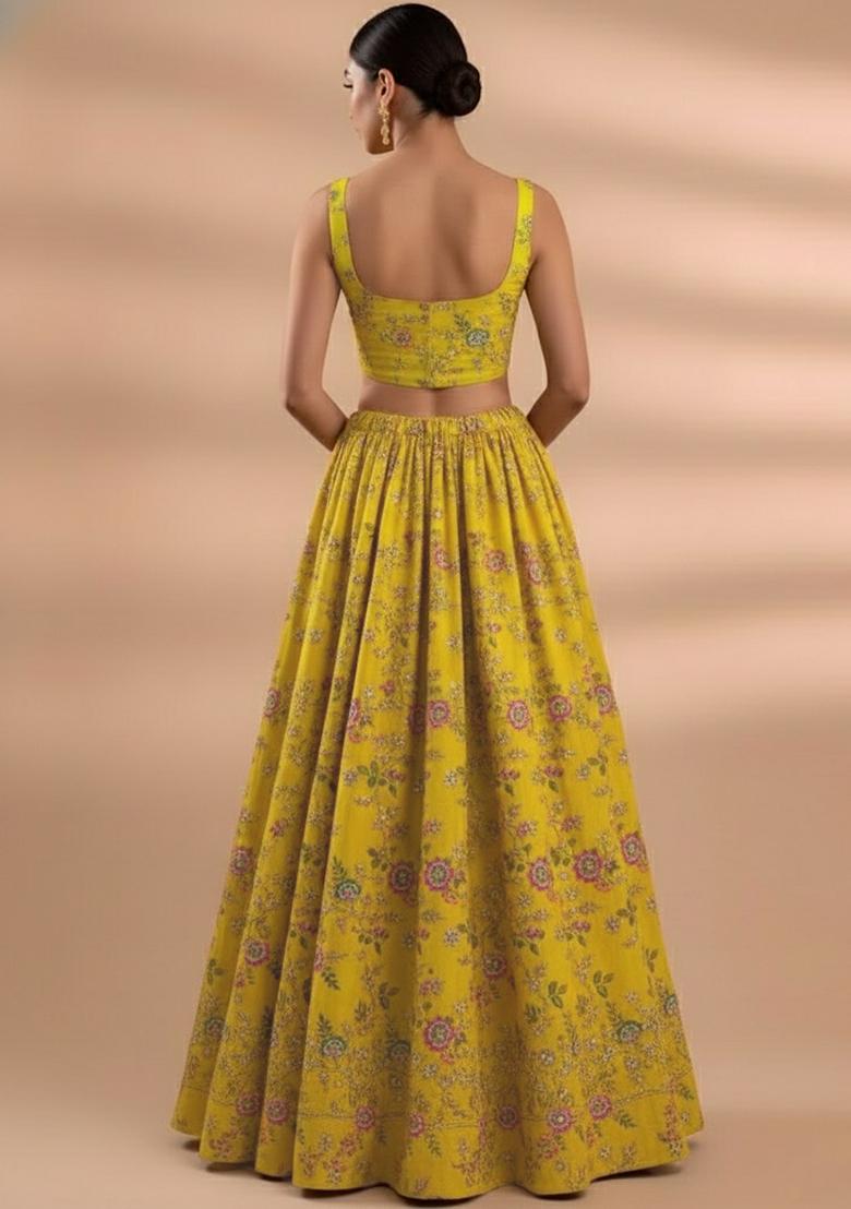 Yellow Embroidered Crepe Lehenga Set - Indya
