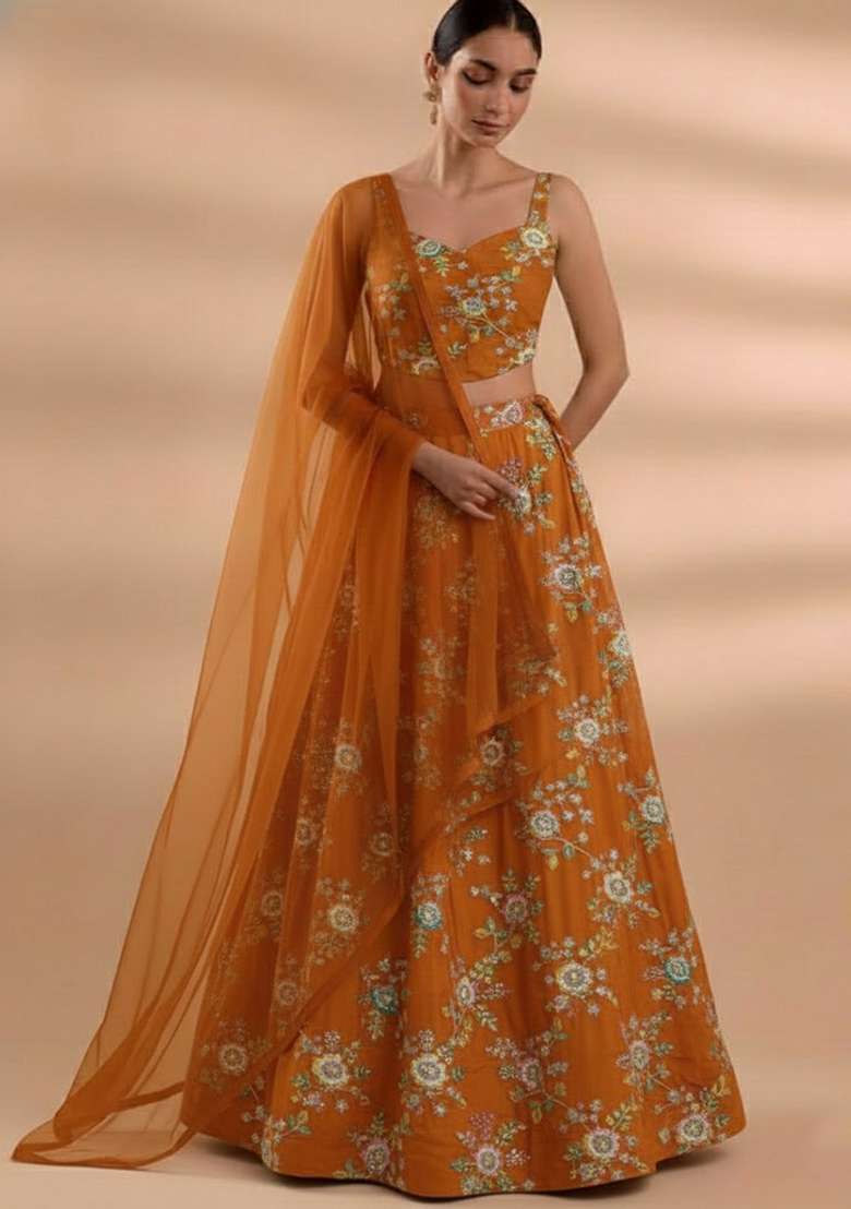 Rust Embroidered Crepe Lehenga Set - Indya