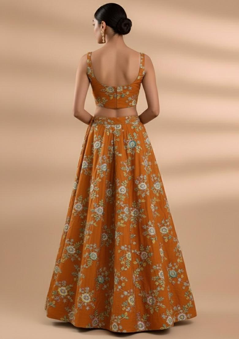Rust Embroidered Crepe Lehenga Set - Indya