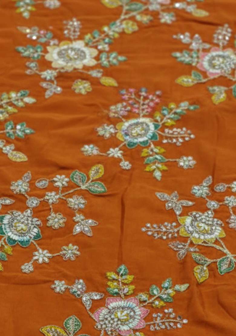 Rust Embroidered Crepe Lehenga Set - Indya