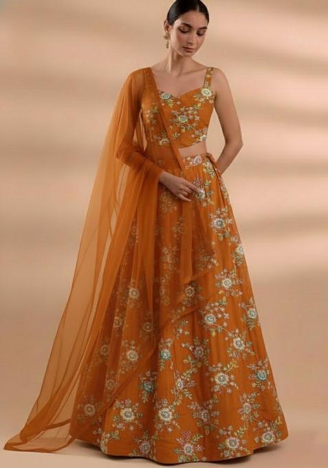 Rust Embroidered Crepe Lehenga Set