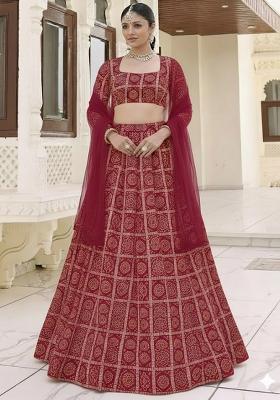Deep Maroon Bandhani Print Chinon Lehenga Set