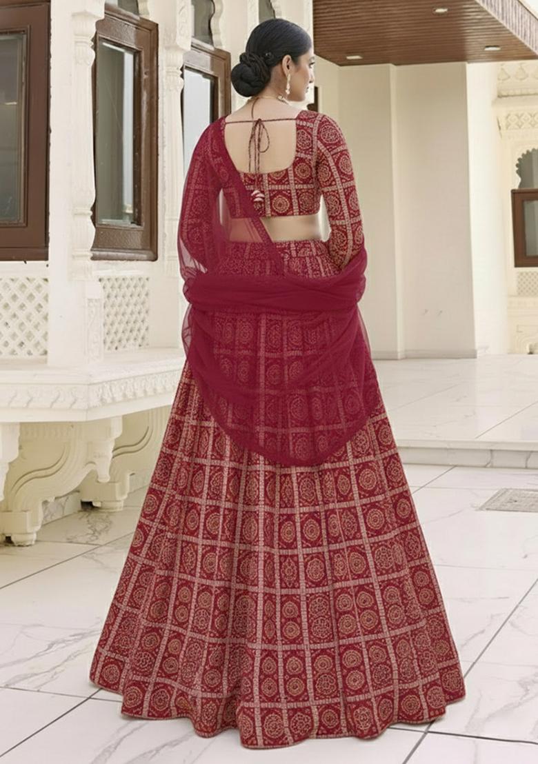 Deep Maroon Bandhani Print Chinon Lehenga Set - Indya