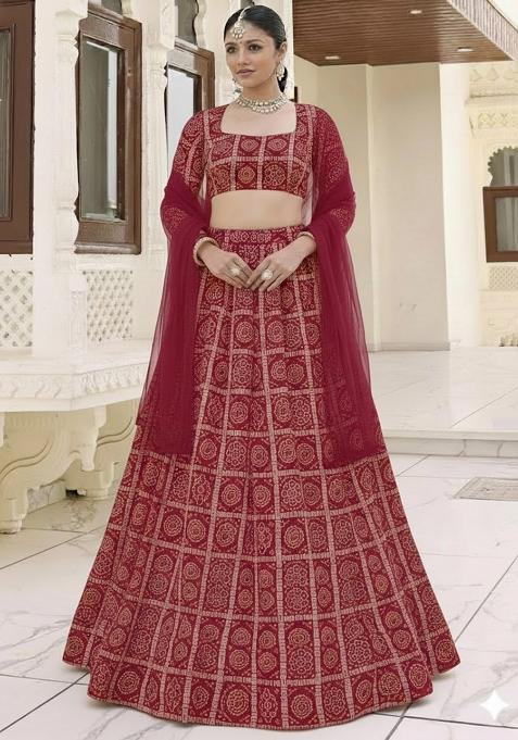 Deep Maroon Bandhani Print Chinon Lehenga Set