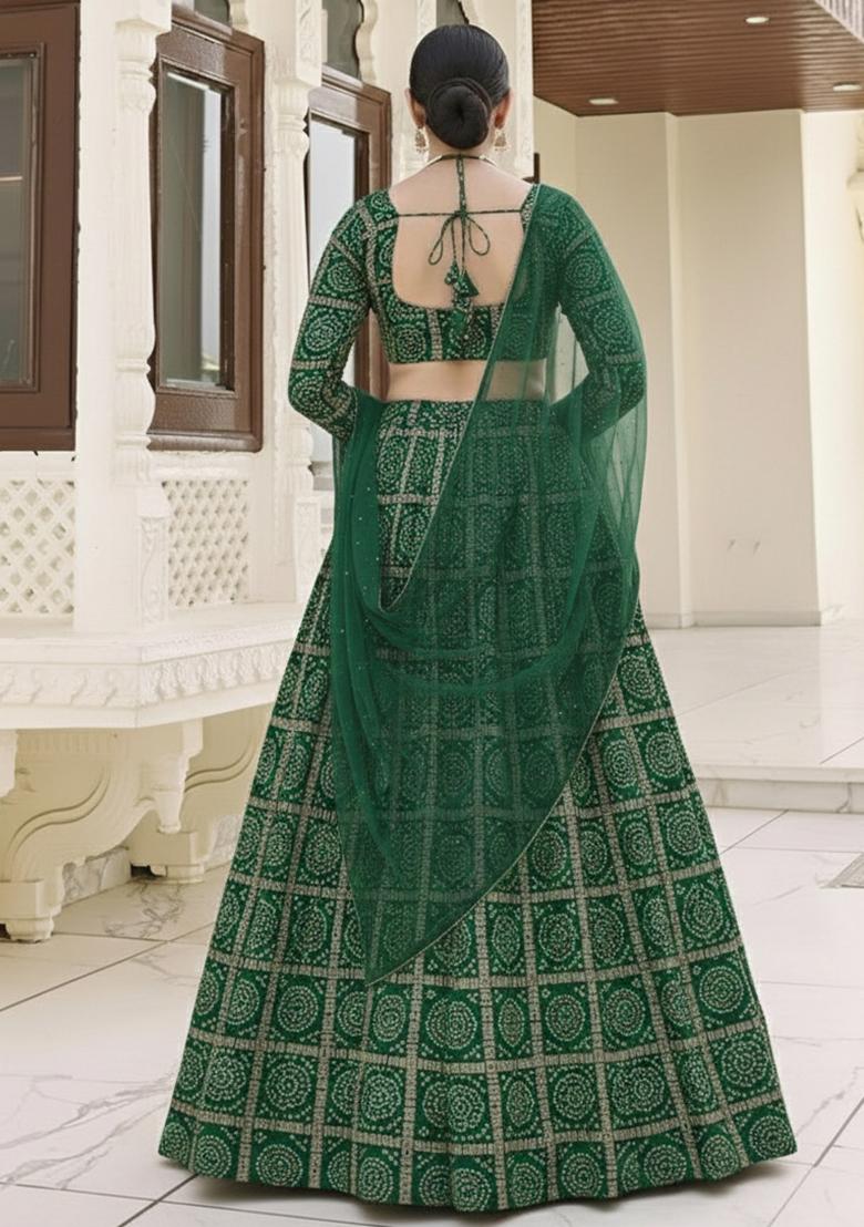 Bottle Green Bandhani Print Chinon Lehenga Set - Indya