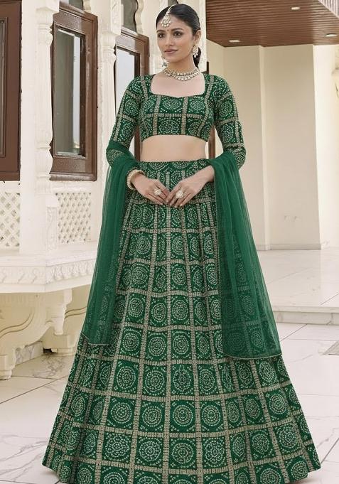 Bottle Green Bandhani Print Chinon Lehenga Set