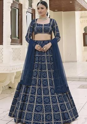 Navy Blue Bandhani Print Chinon Lehenga Set