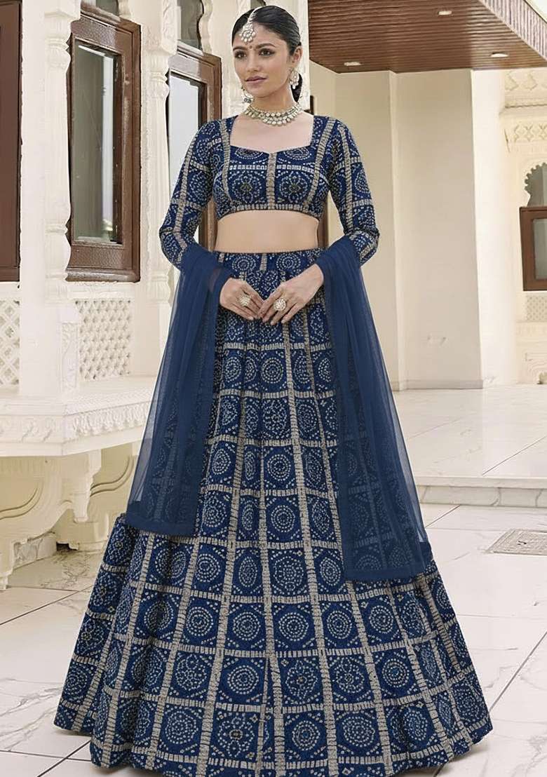 Navy Blue Bandhani Print Chinon Lehenga Set - Indya