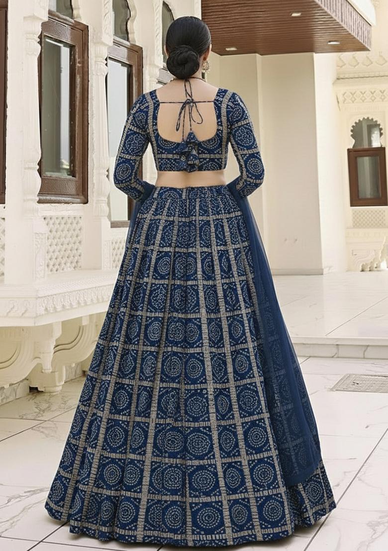 Navy Blue Bandhani Print Chinon Lehenga Set - Indya