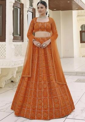 Orange Bandhani Print Chinon Lehenga Set