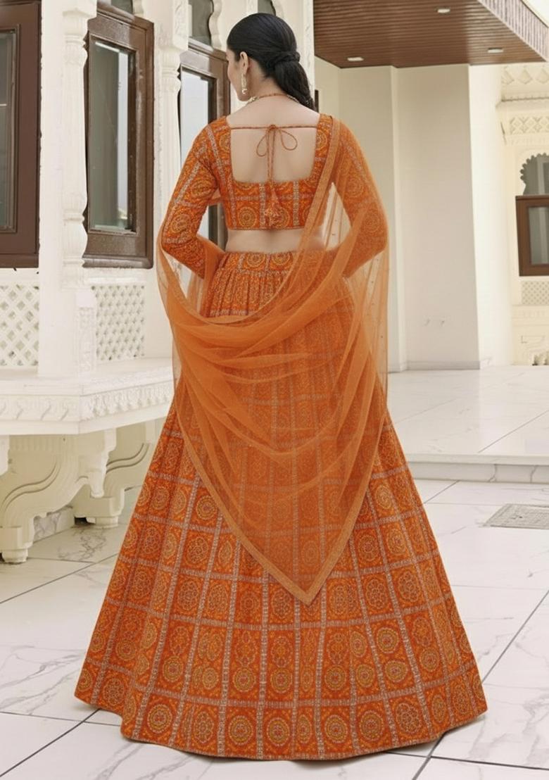 Orange Bandhani Print Chinon Lehenga Set - Indya