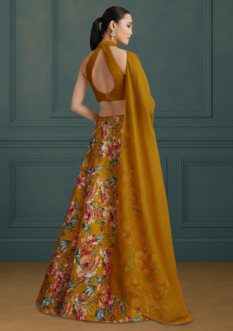 Yellow Floral Print Crepe Lehenga Set - Indya