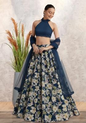 Navy Blue Floral Print Crepe Lehenga Set