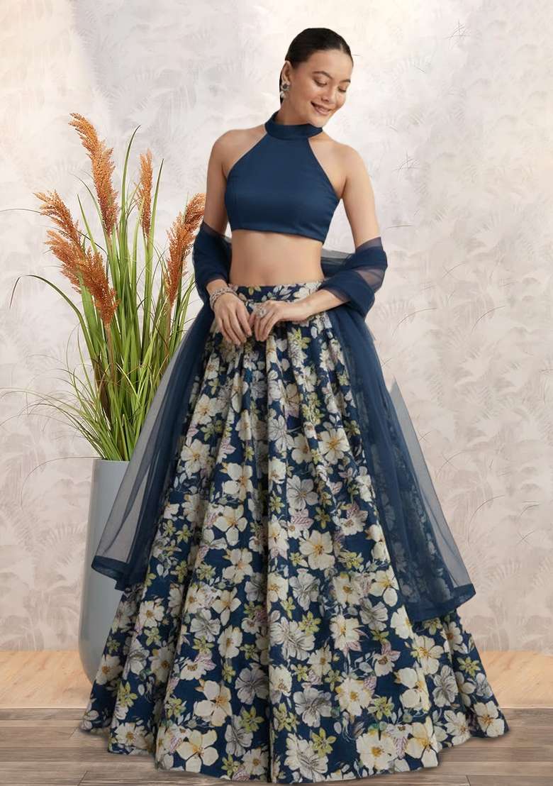 Navy Blue Floral Print Crepe Lehenga Set - Indya
