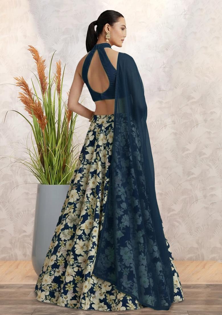 Navy Blue Floral Print Crepe Lehenga Set - Indya