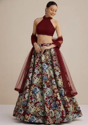 Deep Maroon Floral Print Crepe Lehenga Set