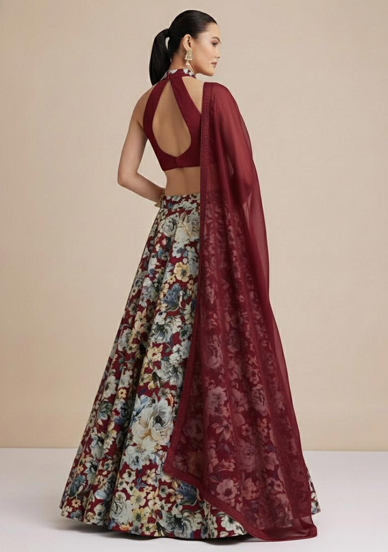 Deep Maroon Floral Print Crepe Lehenga Set - Indya