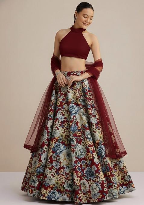 Deep Maroon Floral Print Crepe Lehenga Set