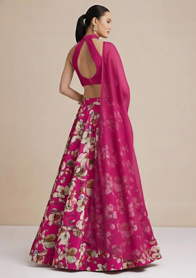 Rani Pink Floral Print Crepe Lehenga Set - Indya
