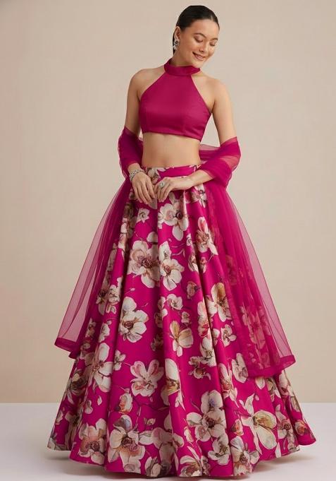 Rani Pink Floral Print Crepe Lehenga Set