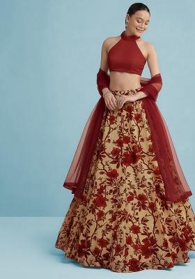 Red Floral Print Crepe Lehenga Set