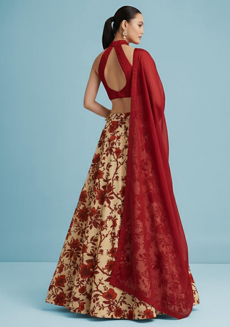 Red Floral Print Crepe Lehenga Set - Indya