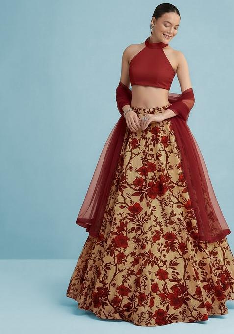 Red Floral Print Crepe Lehenga Set