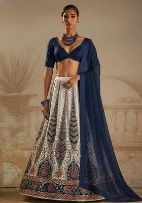 Navy Blue Floral Print Crepe Lehenga Set