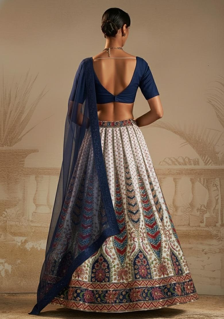 Navy Blue Floral Print Crepe Lehenga Set - Indya