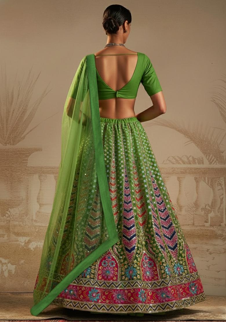 Henna Green Floral Print Crepe Lehenga Set - Indya